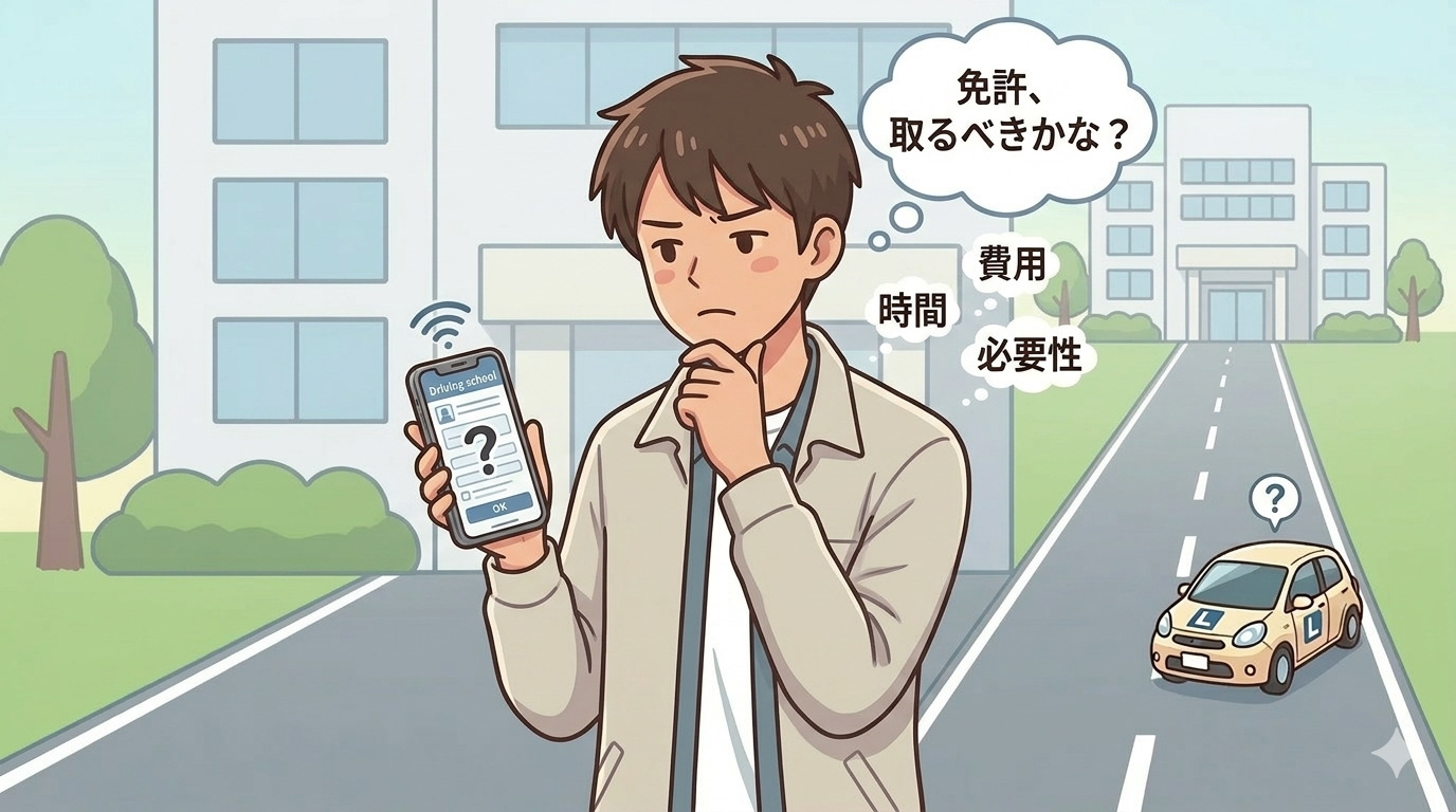 免許を取るか悩んでいる男子学生の画像